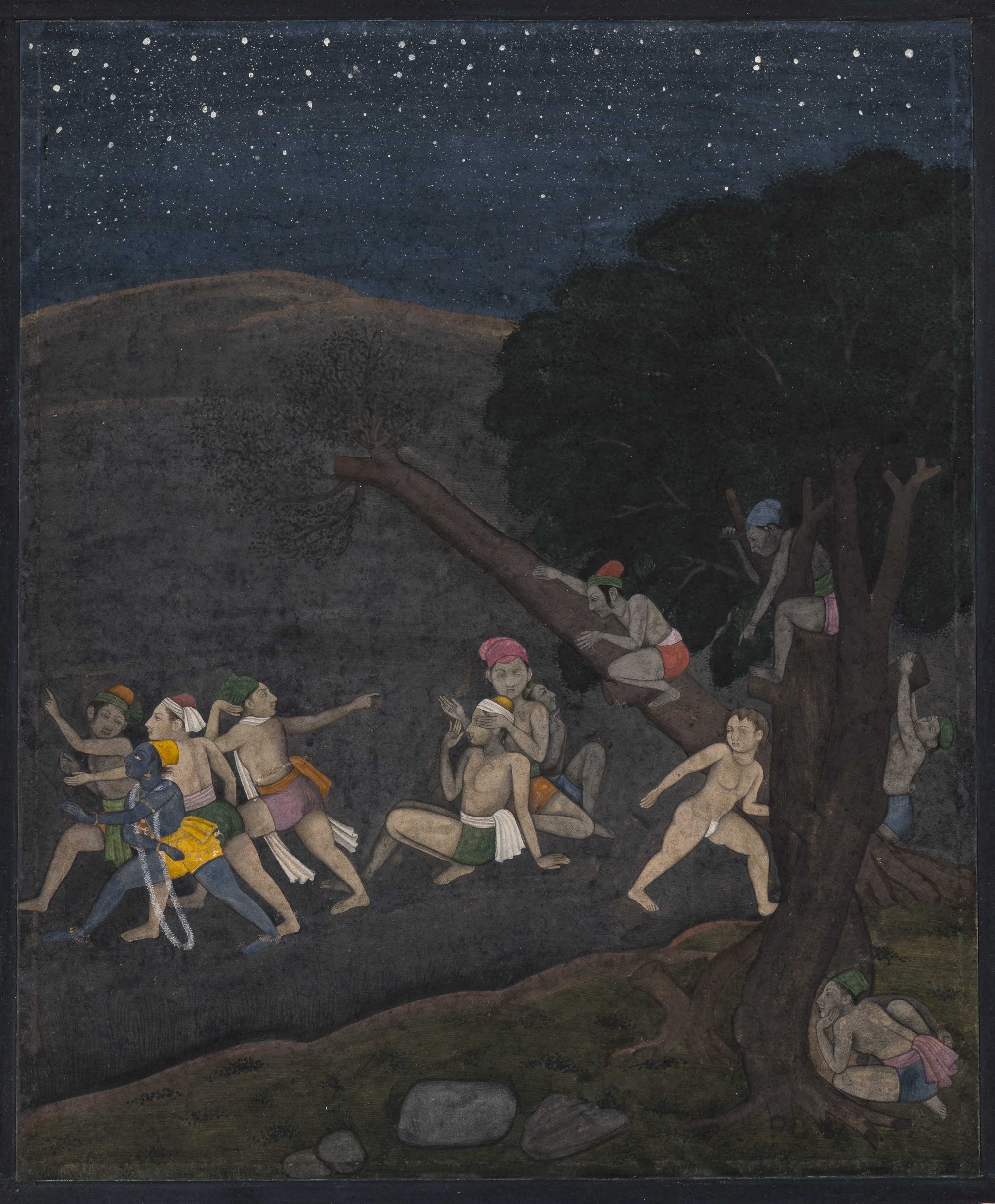 Krishna and his friends playing hide-and-seek by night, folio from a Bhagavata Purana